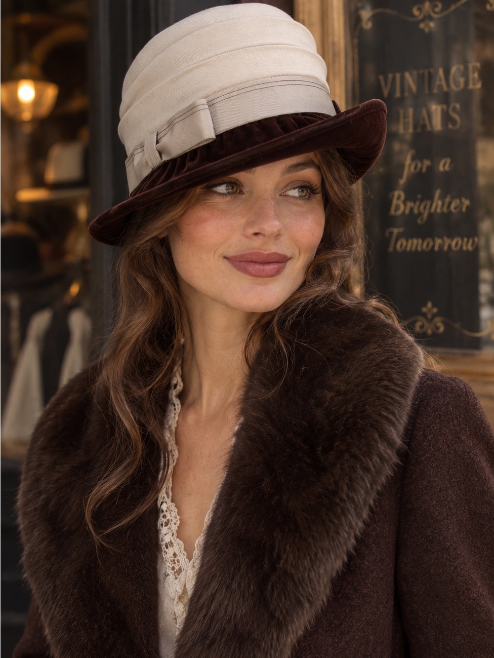 Cream & Chocolate Brown Velvet Brim Cloche Hat Pleated Crown Bow Trim